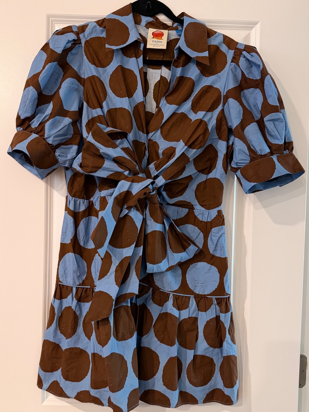 FARM Rio x Anthropologie Blue & Brown Polka Dot Tie-Front Mini Dress